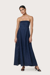 Talia Pintuck Linen Maxi Dress in Navy