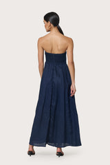 Talia Pintuck Linen Maxi Dress in Navy