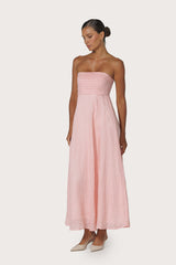 Talia Pintuck Linen Maxi Dress in Pink Lady