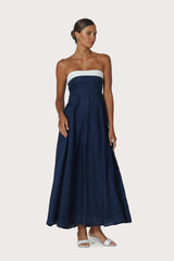 Alora Strapless Linen Maxi Dress in Navy