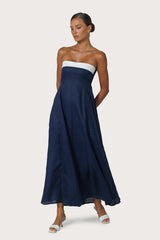 Alora Strapless Linen Maxi Dress in Navy