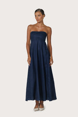 Talia Pintuck Linen Maxi Dress in Navy