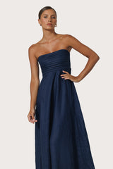 Talia Pintuck Linen Maxi Dress in Navy