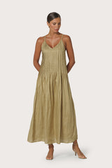 Marra Pleated Linen Maxi Dress in Cafe