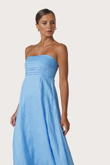Talia Pintuck Linen Maxi Dress in Neu Bleu
