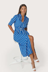 Chrissie Belted Maxi Poplin Dress in Vacay Stripe