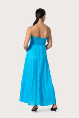 Talia Pintuck Linen Maxi Dress in Caribbean Blue