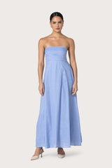Talia Pintuck Linen Maxi Dress in Sky Blu
