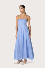 Talia Pintuck Linen Maxi Dress in Sky Blu