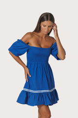 Nina Embroidered Poplin Dress in Sapphire Stripe
