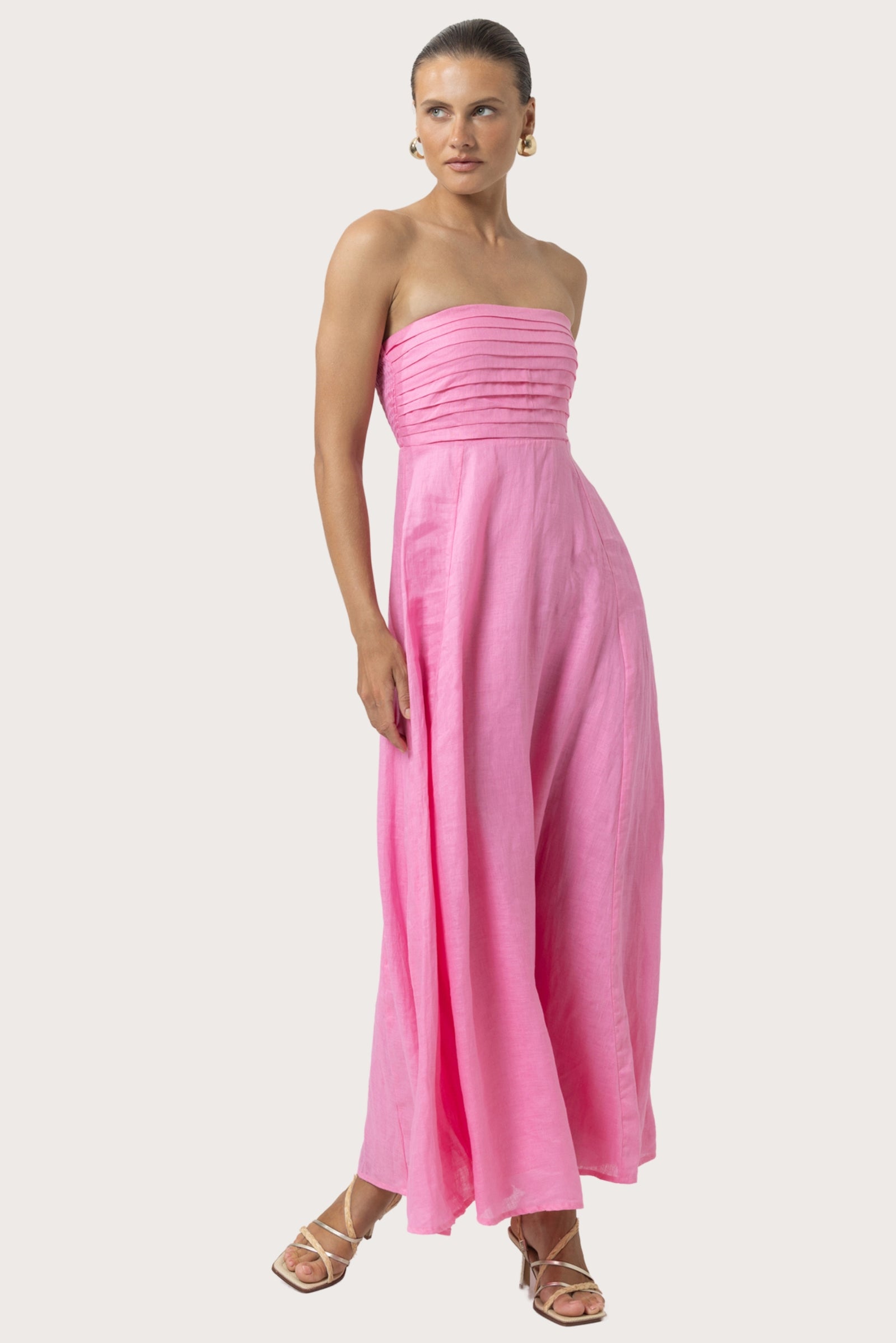 Talia Linen Pintuck Maxi Dress in Blush  Lusana