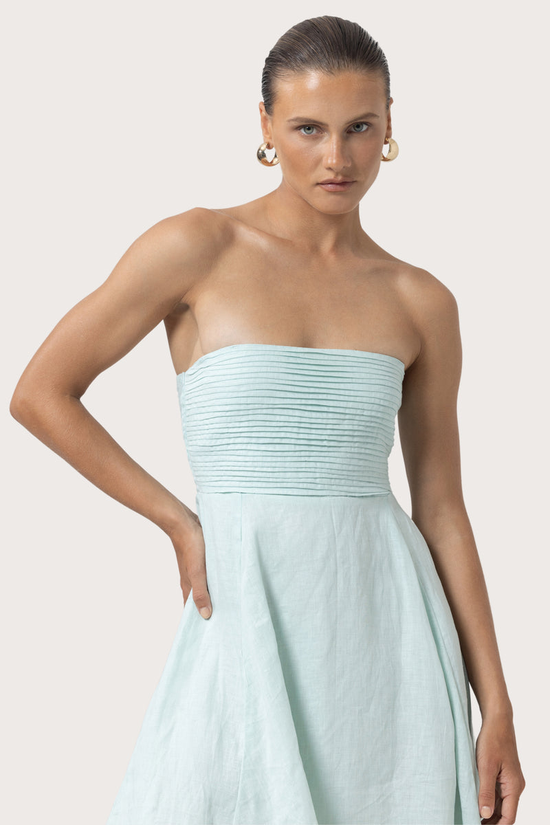 Daisey Strapless Linen Midi Dress in Shimmer