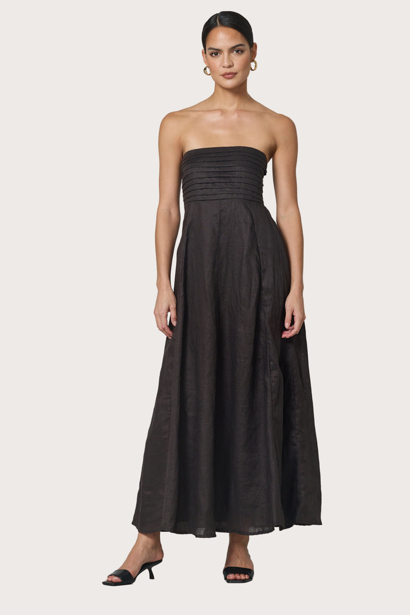 Talia Linen Pintuck Maxi Dress in Coffee – Lusana