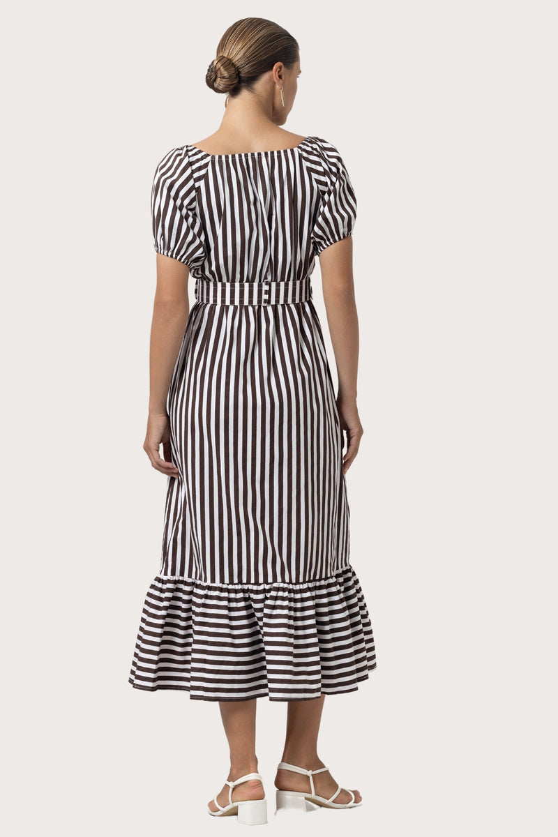 Leeta Belted Poplin Dress in Pencil Stripe