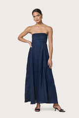 Talia Pintuck Linen Maxi Dress in Navy