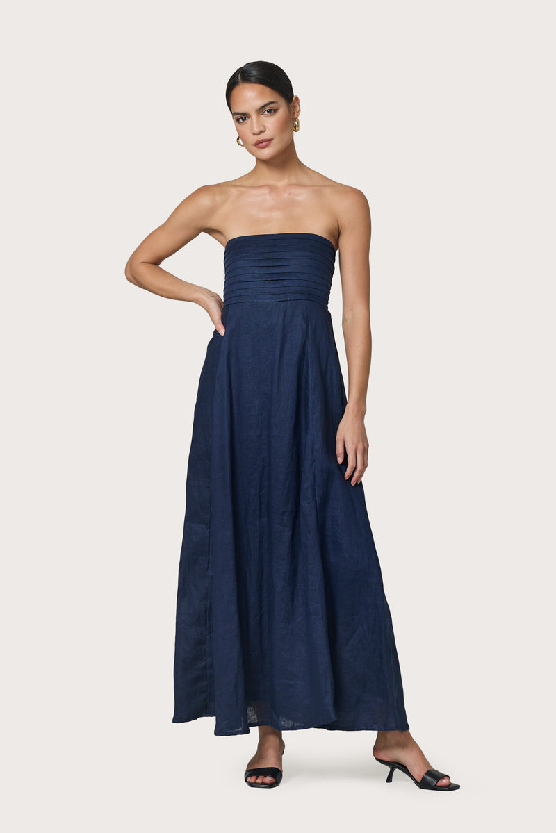 Talia Pintuck Linen Maxi Dress in Navy – Lusana