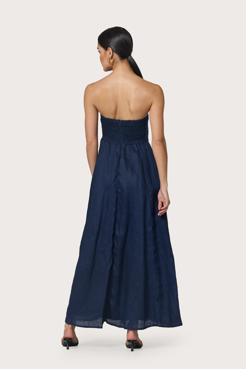 Talia Pintuck Linen Maxi Dress in Navy – Lusana