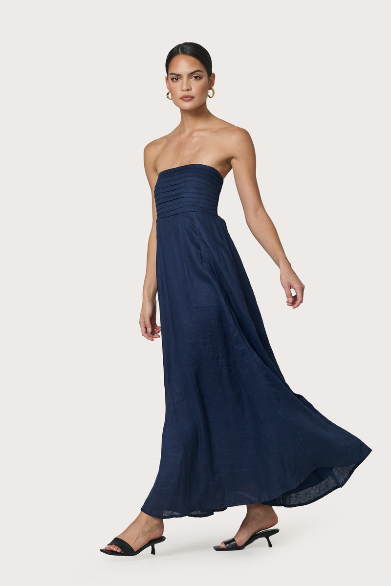 Talia Pintuck Linen Maxi Dress in Navy – Lusana