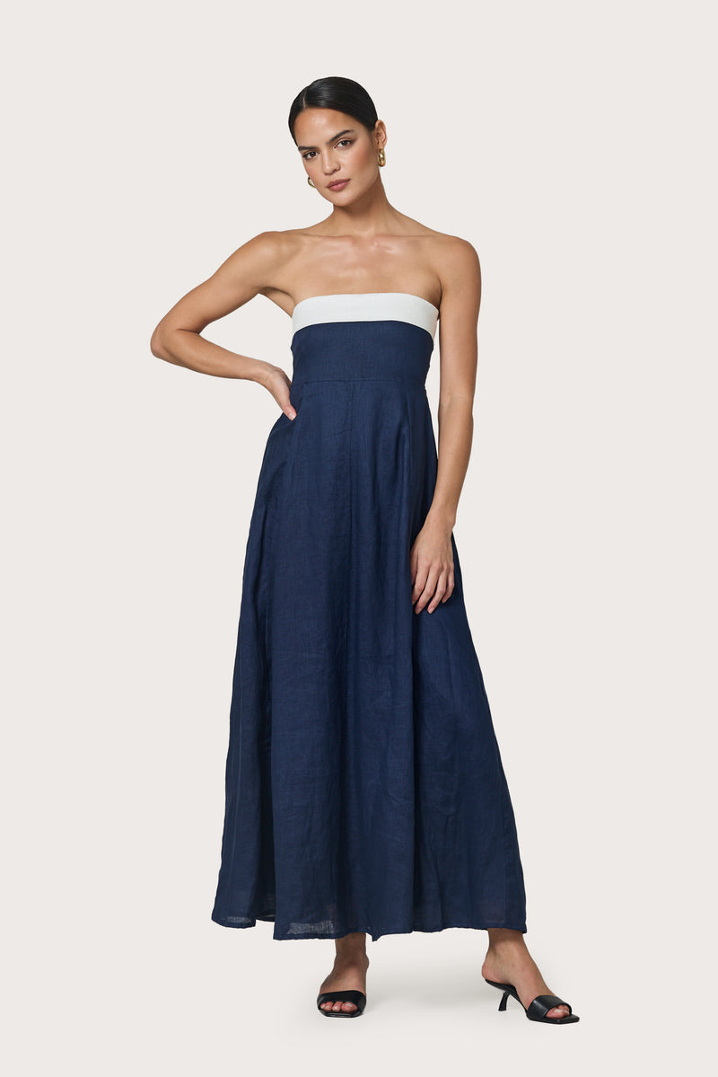 Alora Strapless Linen Maxi Dress in Navy – Lusana