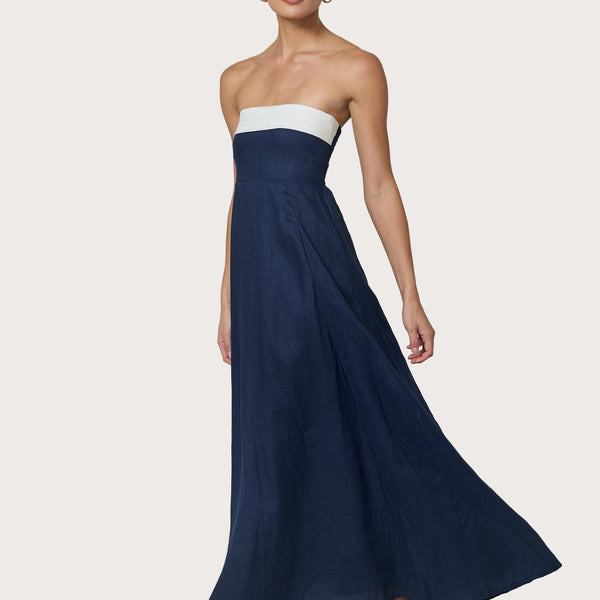 Alora Strapless Linen Maxi Dress in Navy Lusana Alora Strapless Linen Maxi Dress in Navy Lusana