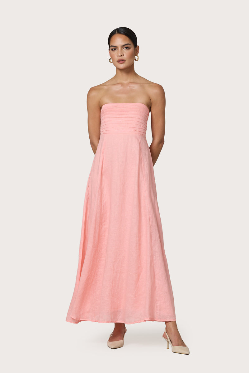 Talia Pintuck Linen Maxi Dress in Peach  Lusana