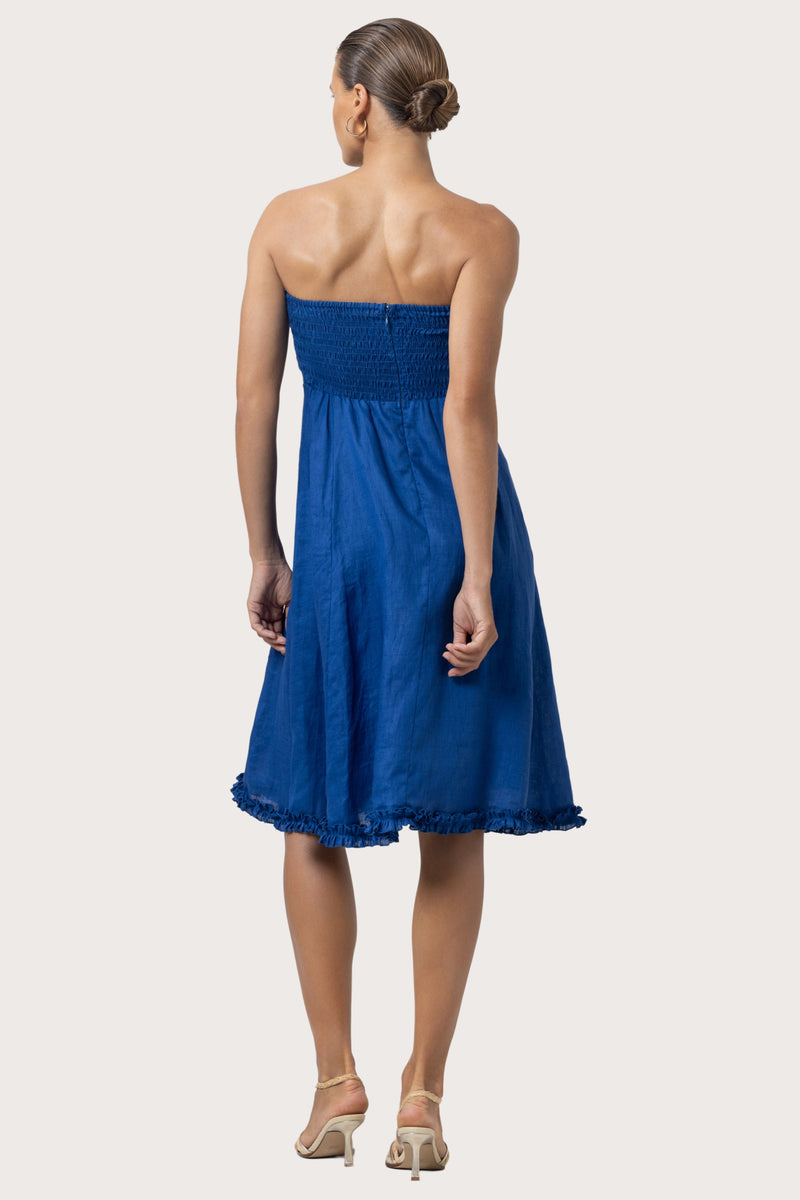 Juliette Strapless Linen Midi Dress in Sapphire