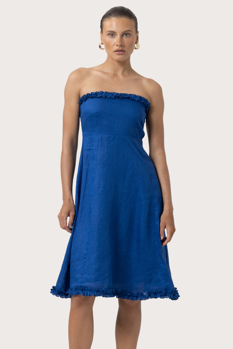 Juliette Strapless Linen Midi Dress in Sapphire