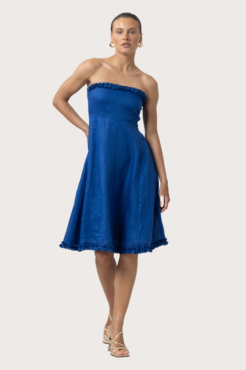 Juliette Strapless Linen Midi Dress in Sapphire