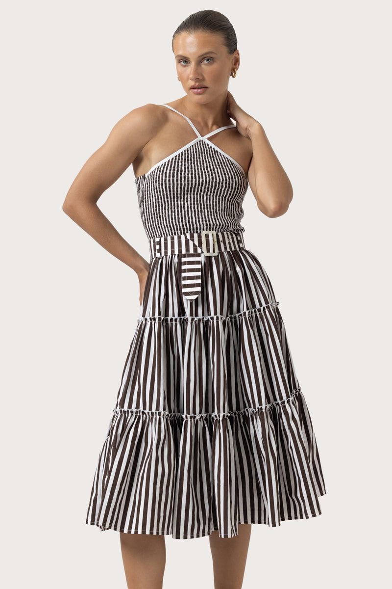 Arlen Belted Poplin Dress in Pencil Stripe