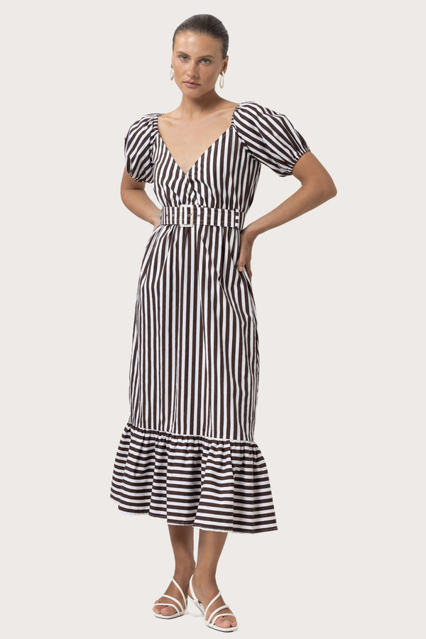 Leeta Belted Poplin Dress in Pencil Stripe