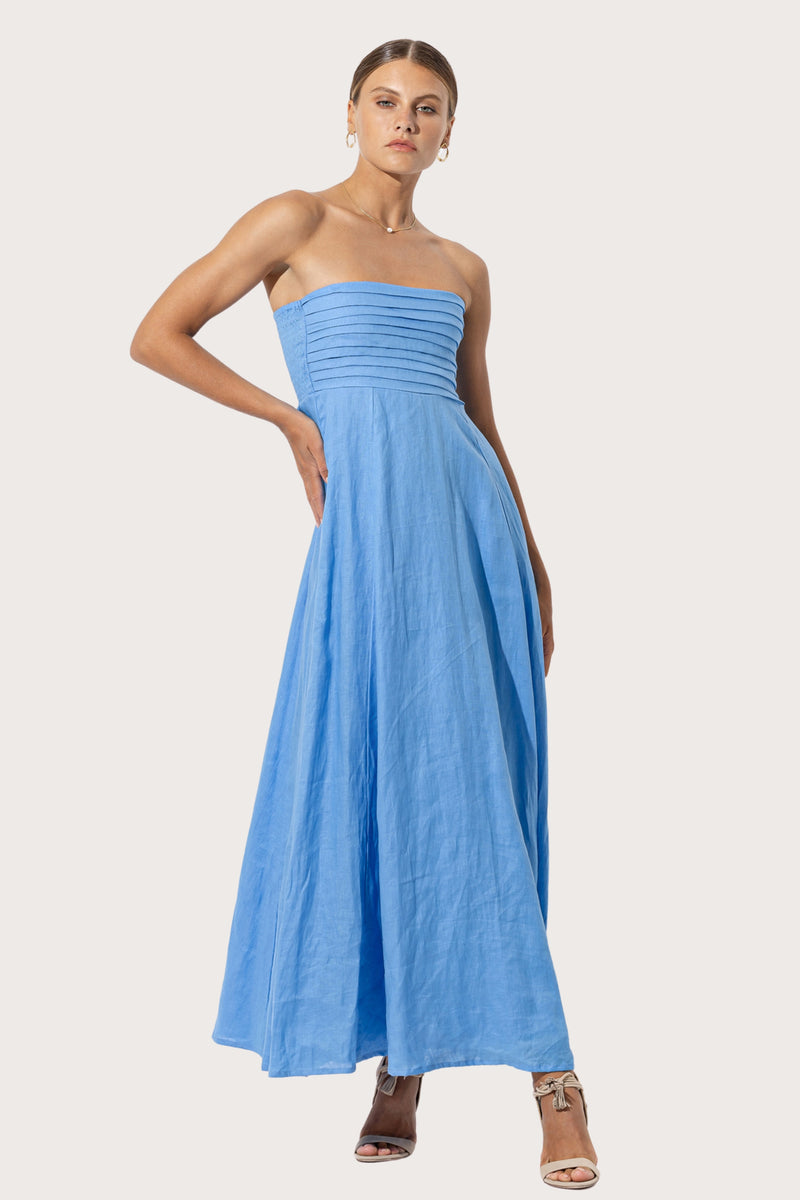 Talia Linen Pintuck Maxi Dress in Blu