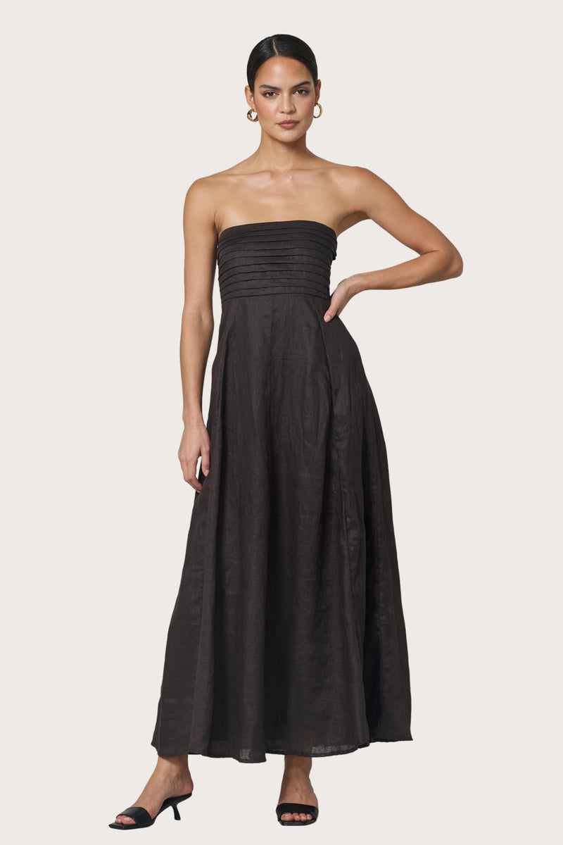 Talia Linen Pintuck Maxi Dress in Coffee Lusana Talia Linen Pintuck Maxi Dress in Coffee Lusana