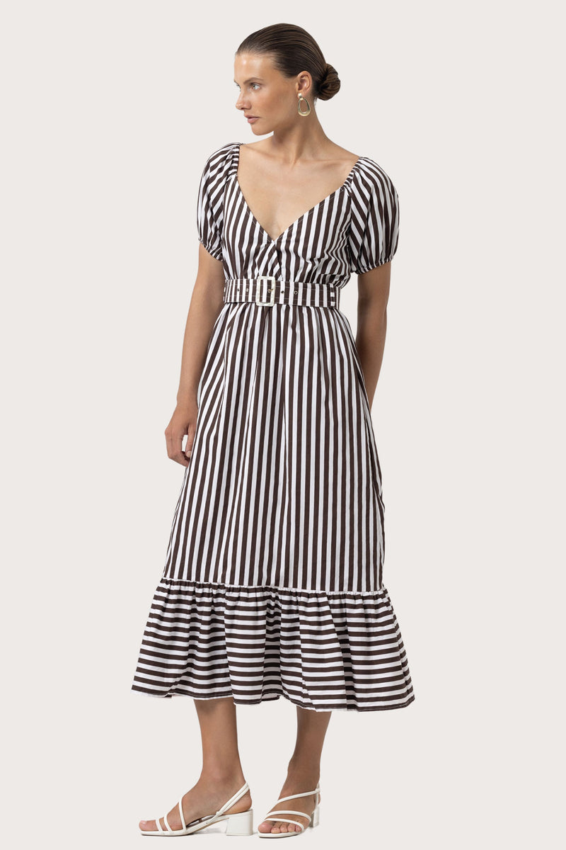 Leeta Belted Poplin Dress in Pencil Stripe