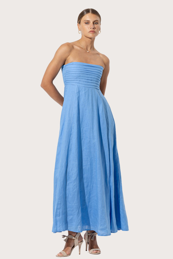 Talia Linen Pintuck Maxi Dress in Blu