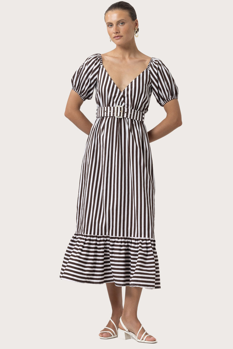 Leeta Belted Poplin Dress in Pencil Stripe