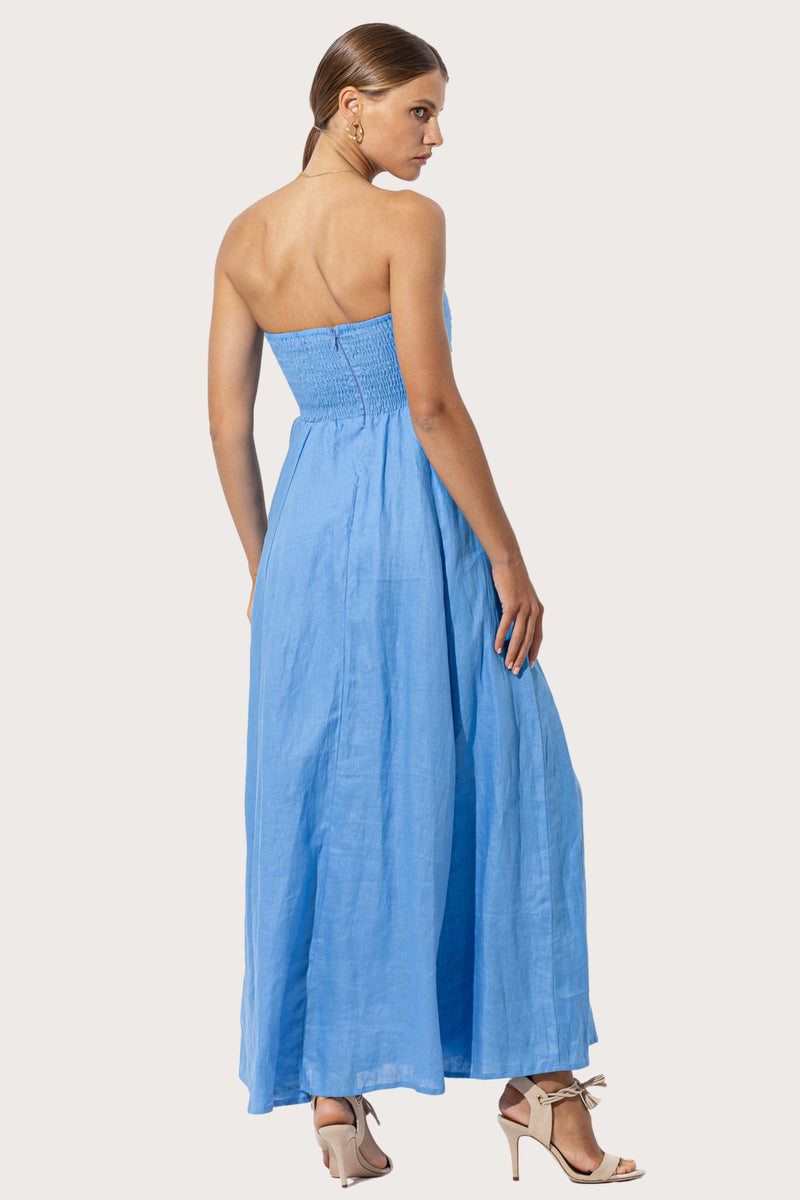 Talia Linen Pintuck Maxi Dress in Blu