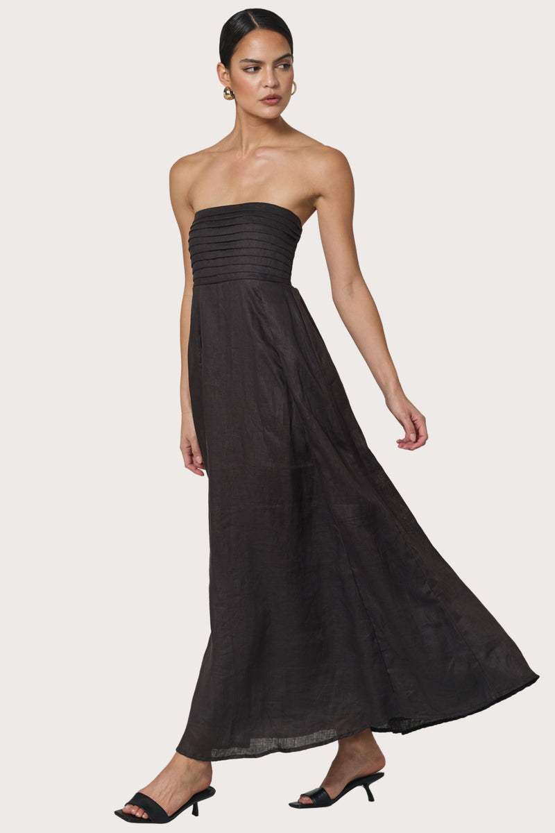 Talia Linen Pintuck Maxi Dress in Coffee Lusana Talia Linen Pintuck Maxi Dress in Coffee Lusana