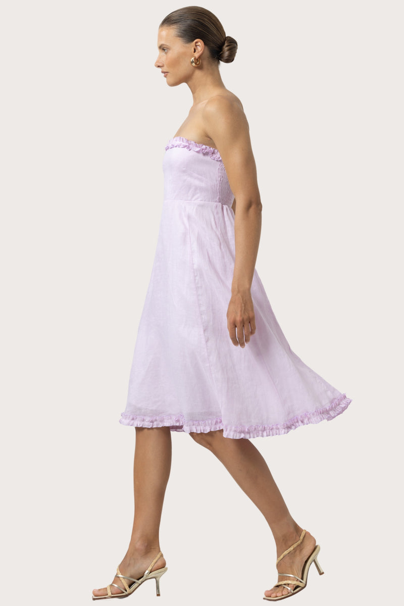 Juliette Strapless Linen Midi Dress in Lilac