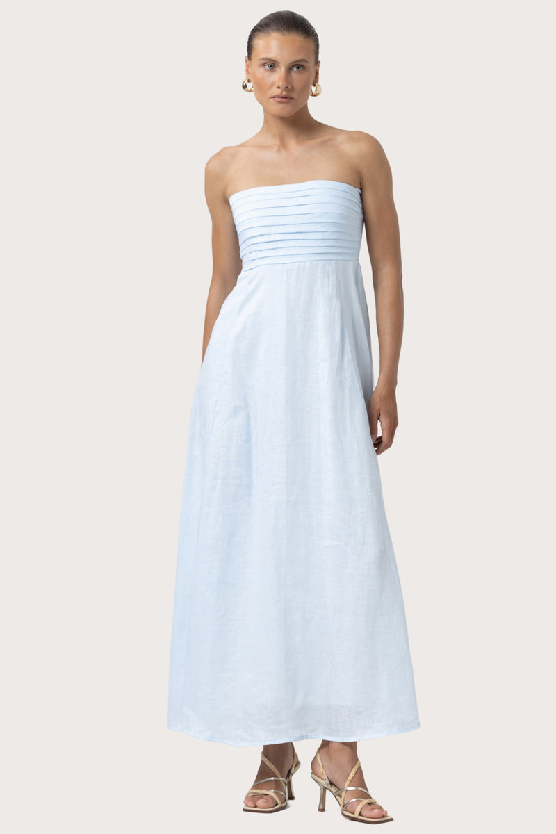 Talia Linen Pintuck Maxi Dress in Powder