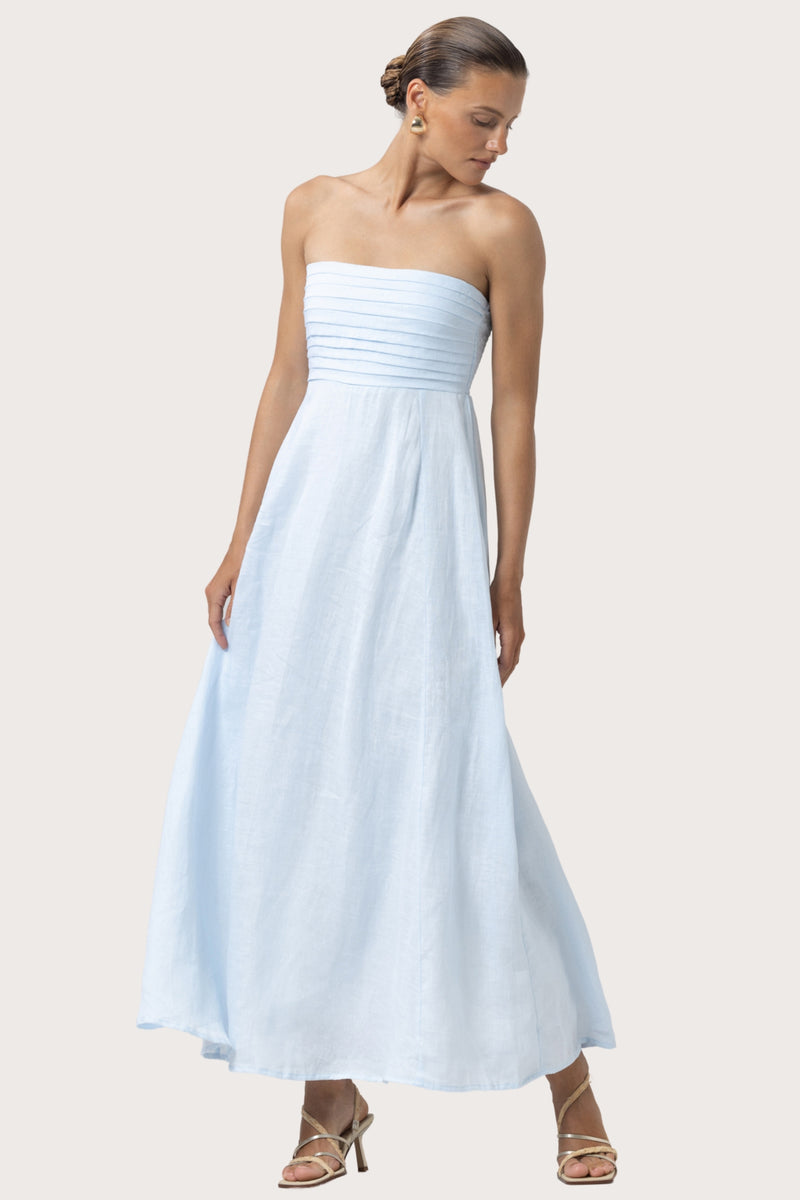 Talia Linen Pintuck Maxi Dress in Powder