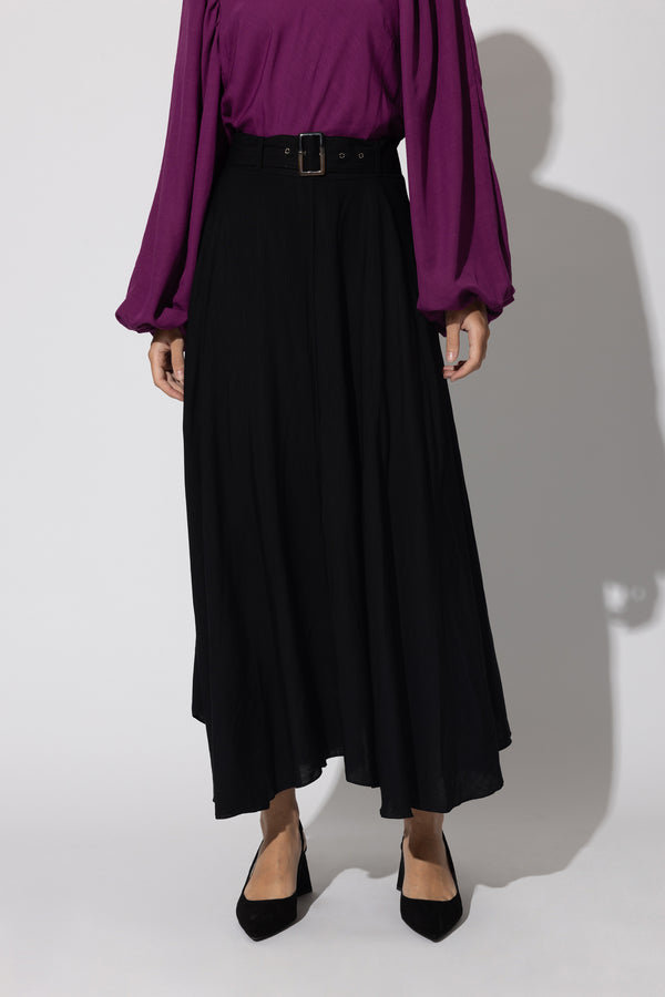 Vera Belted Skirt in Black Linen
