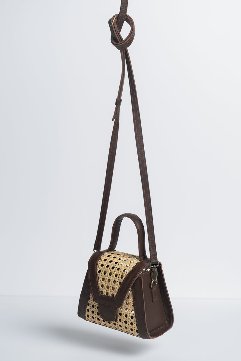 Jade Rattan Crossbody Bag in Dark Choc Leather