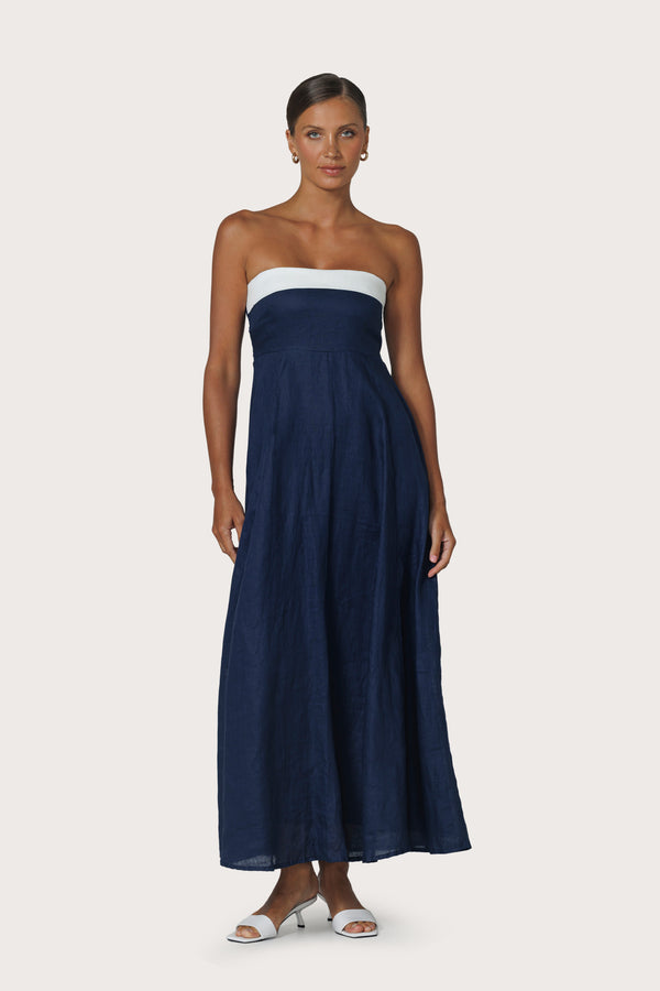 Alora Strapless Linen Maxi Dress in Navy
