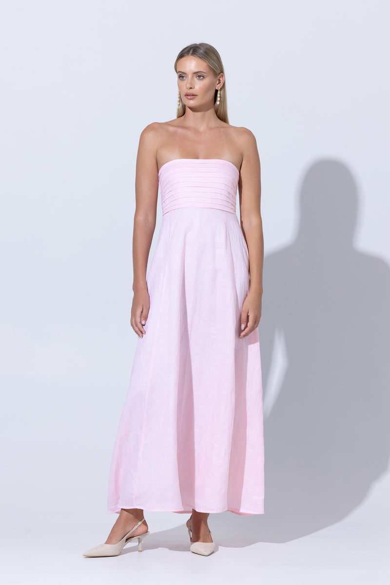 Talia Linen Pintuck Maxi Dress in Palest Pink