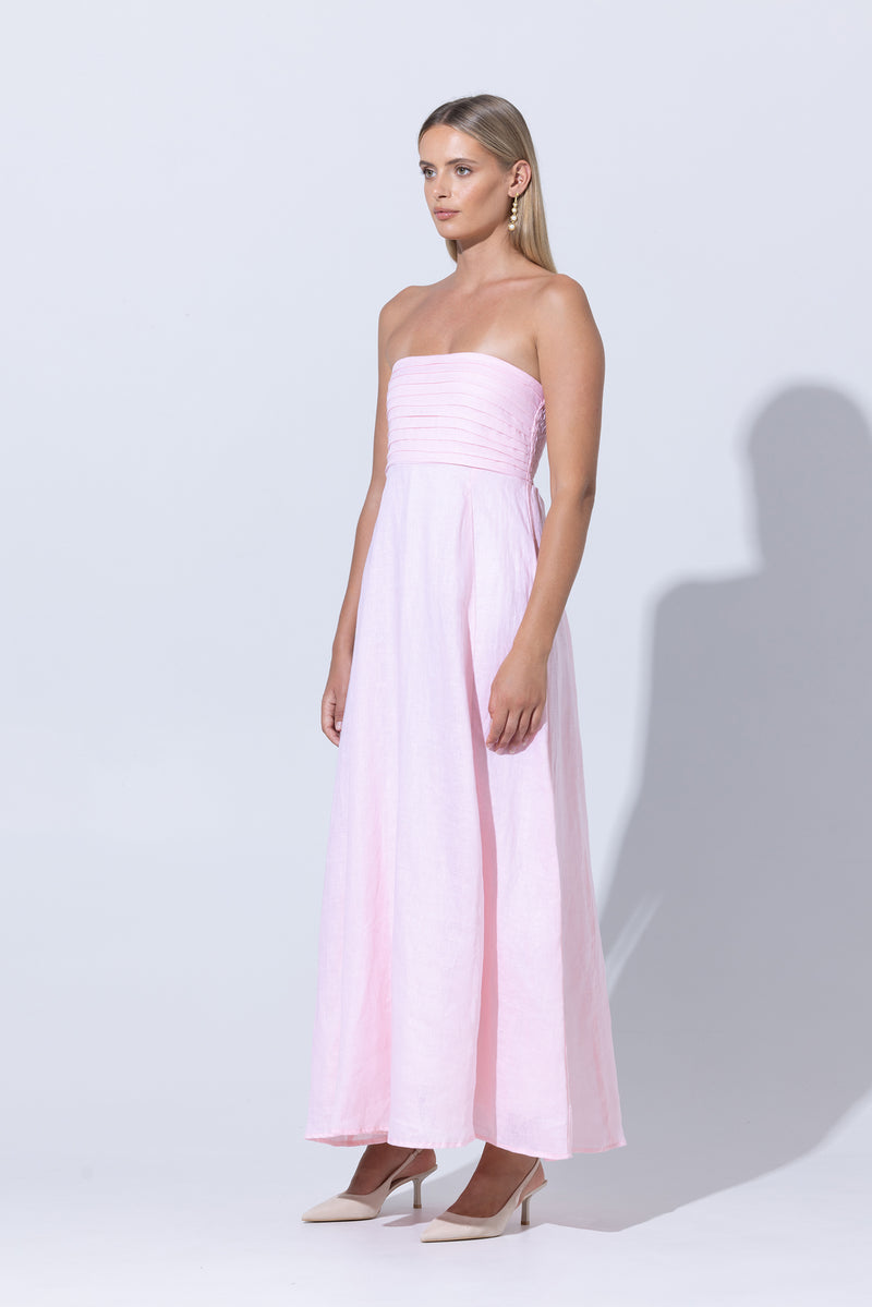 Talia Linen Pintuck Maxi Dress in Palest Pink