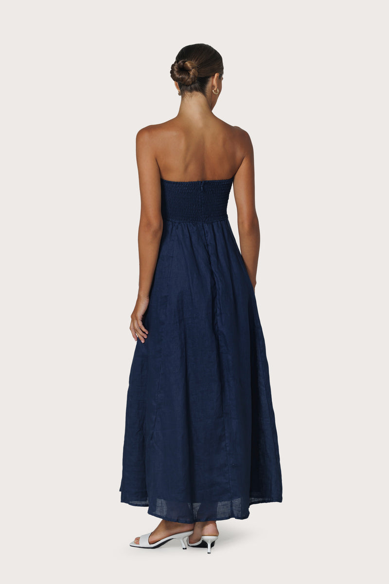 Alora Strapless Linen Maxi Dress in Navy