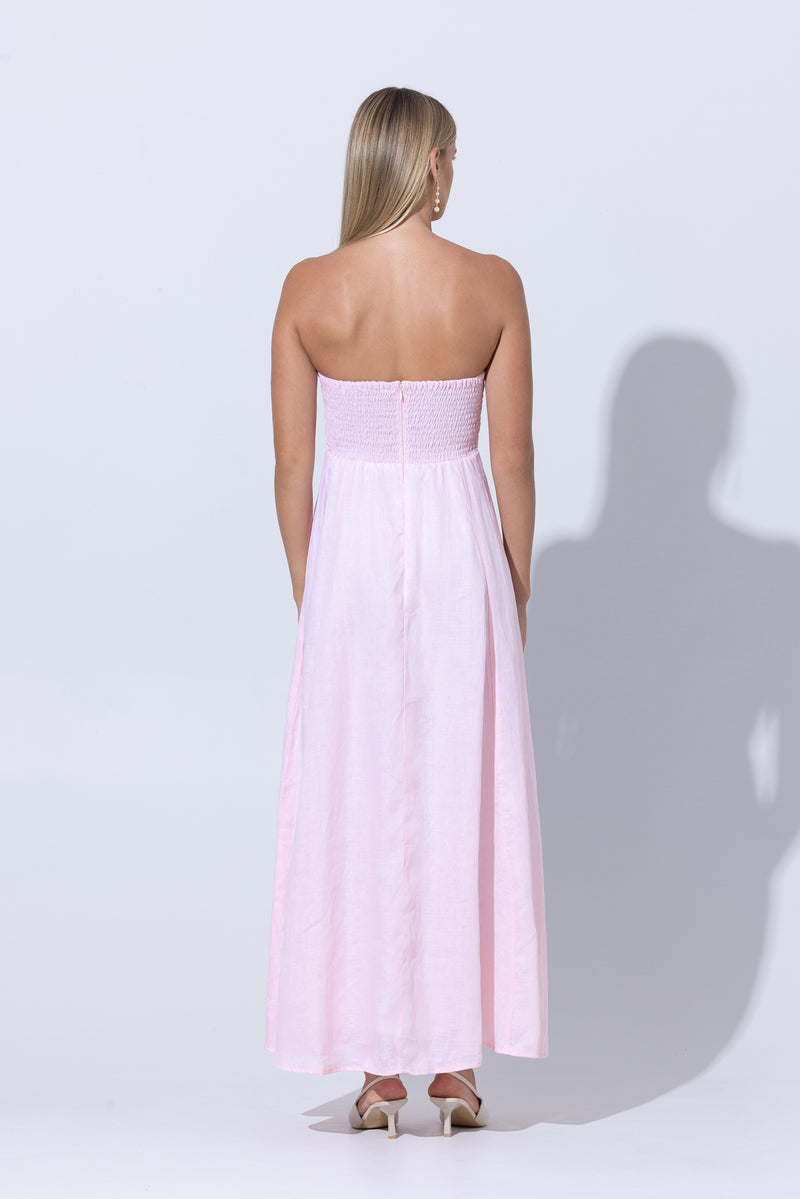 Talia Linen Pintuck Maxi Dress in Palest Pink