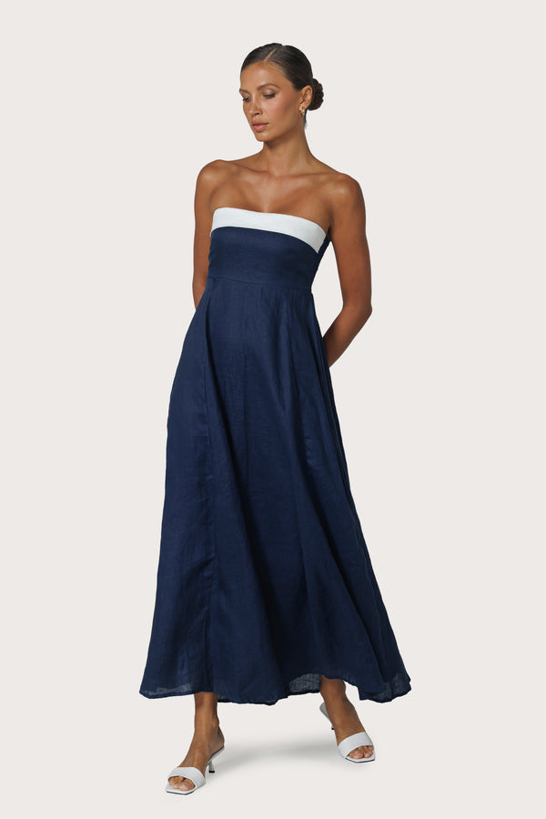 Alora Strapless Linen Maxi Dress in Navy