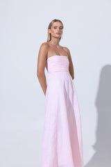 Talia Linen Pintuck Maxi Dress in Palest Pink