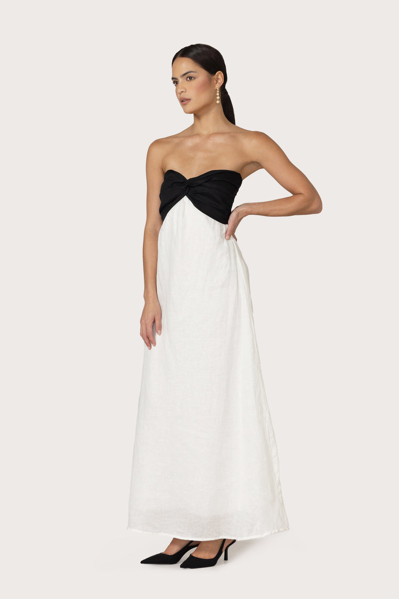 Melody Linen Maxi Dress in Contrast White Black